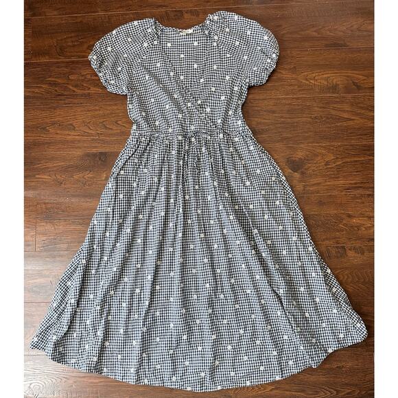 Madewell Blue White Faux Wrap Embroidered Gingham Check Midi Dress XXS Tie Waist - Picture 12 of 12